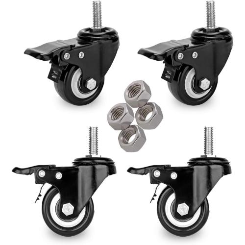 2 Stem Caster Wheels with Safety Dual Locking 600Lbs Heavy Duty Threaded Stem Casters No Noise Swivel Castors with Brakes 3/8- 16 x 1 (Set of 4)