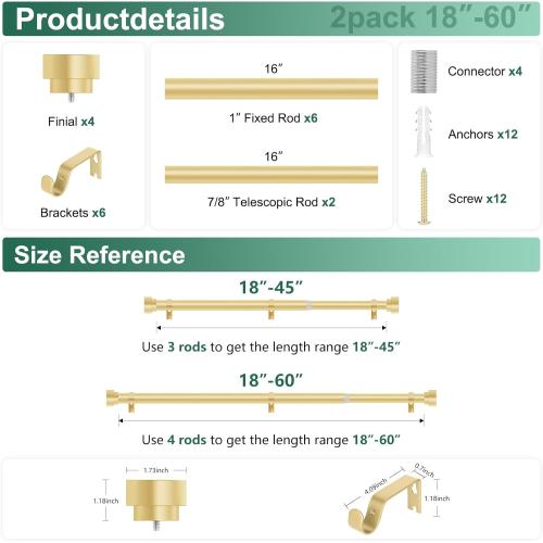 HEI! DEAR 2 Pack Gold Curtain Rods 18 to 60 Inch(1.5-5ft), 1 Inch Heavy Duty, Modern Decorative, Telescoping Window Curtains Rods, Brass Gold