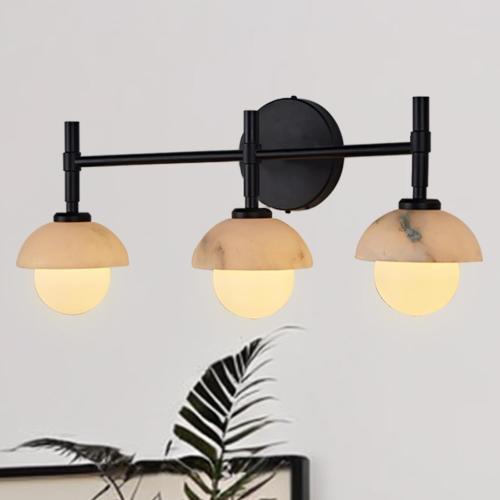Mid-Century Modern Natural Alabaster Hand-Carved Wall Sconce, 3-Light Vanity Light Fixture Over Mirror with Alabaster Shade, Wall Light for Hallway, Bathroom (Black)