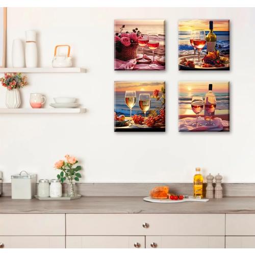 Kitchen Decor Dining Room Wall Art Wine Glass Still Life Fruit Goblet Canvas Prints Artwork Beach Sunset Landscape Romantic Poster Bar Restaurant Home Decoration Framed Ready to Hang 12X12X4 Panels