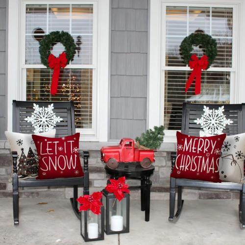 RABUSOFA Christmas Pillow Covers 18x18 Inch Set of 4 with 8 Design Double-Sided, Let It Snow Snowman Joy Stripes Gift Box Red Xmas Tree Winter Holiday Throw Cushion Case Decorations for Sofa Couch