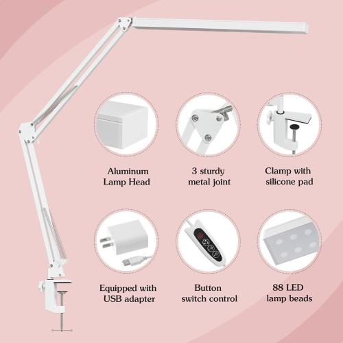 LED Desk Lamp, Manicure Table Lamp, 16 Lamp Head, Dimmable Eye-Caring Drafting Light with 3 Color Modes, 10 Brightness Levels & Adapter, Memory Function(White)