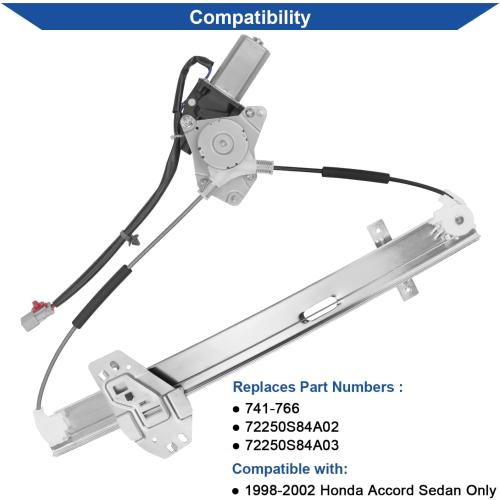 Obaee 741-766 Front Left Driver Side Power Window Regulator with Motor Compatible with Honda Accord 1998 1999 2000 2001 2002 Sedan Only, Replace OE 72250S84A02, 72250S84A03 (4 Pins)