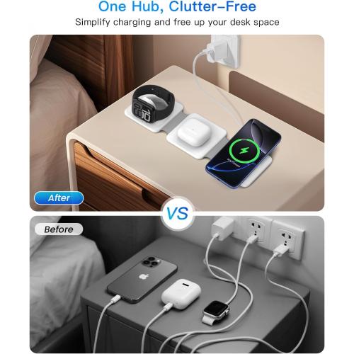 Charging Station for Apple Multiple Devices - 3 in 1 Foldable Magnetic Wireless Charger Dock - Travel Charging Pad for iPhone 16 15 14 13 12 Pro Max Plus Watch & Airpods