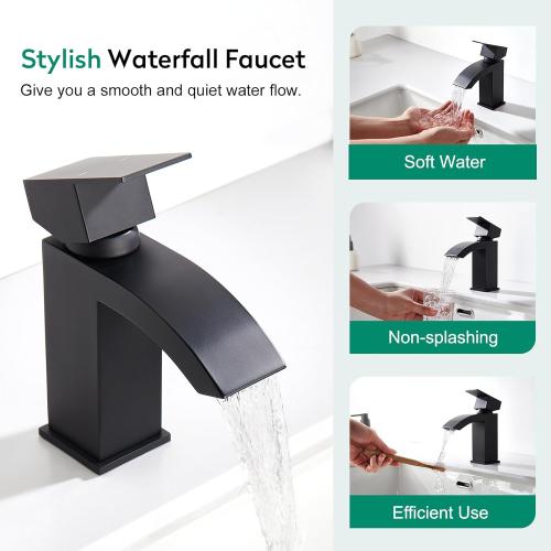 CREA Matte Black Waterfall Bathroom Faucet 1 Hole Single Handle Bathroom Sink Faucet with Pop Up Drain,Stainless Steel RV Vanity Faucet Basin Mixer Tap 3 Hole Plate Water Supply Line