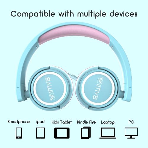 IMYB V1 Kids Headphones, Wired Stereo Foldable Tangle-Free 3.5mm Adjustable On-Ear Headphones for Kids for School/Toddlers/Childrens/Teens/Boys/Girls/Ipad/Tablet/Kindle/Phones/Travel/Plane (Cyan)