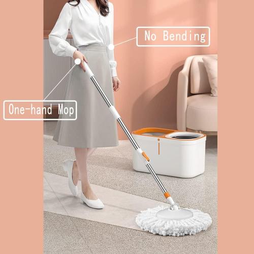 Floor Spin Mop and Bucket Set with Wringer System Extended Stainless Steel Handle 61＂for Home Floor Cleaning