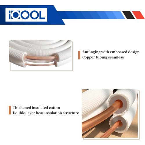 ICOOL 25 Ft. Mini Split Line Set 1/4 1/2 O.D. & 3/8 PE Thickened Insulated Coil Copper Pipes for Air Conditioner HVAC Refrigeration and Heating Equipment, with Fittings