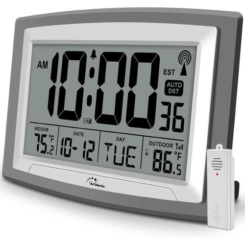 WallarGe Atomic Clock with Outdoor and Indoor Temperature - 12.5 Inch Self-Setting Digital Clock Large Display, Battery Operated Wall Clocks or Desk Clocks for Bedroom, Livingroom, Office