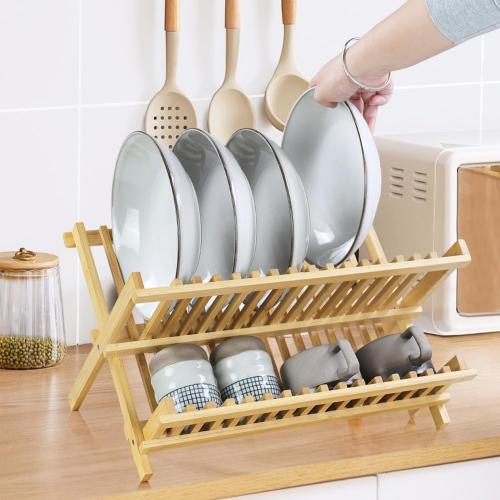 KKTONER Bamboo Dish Drying Rack 2 Tier Foldable Plate Organizer Collapsible Plate Organizer Holder for Kitchen Countertop (Natural)