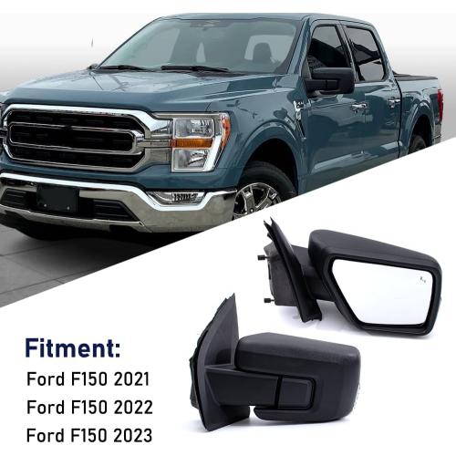 For Ford F150 2021-2024 Door Mirror with Textured Black Cover Manual Folding with Turn Signal Light Puddle Light Power Heated and Blind Spot Glass Temp Sensor 13 Pins Right Passenger Side (W/O Camera)