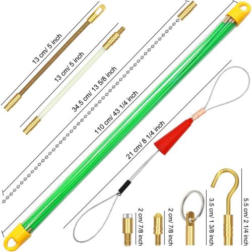 50 Feet Fiberglass Fish Tape Cable Rods, Electrical Wire Running Pull/Push Kit with Hook and Hole Kit Glow Rod, Hook Hole, Green