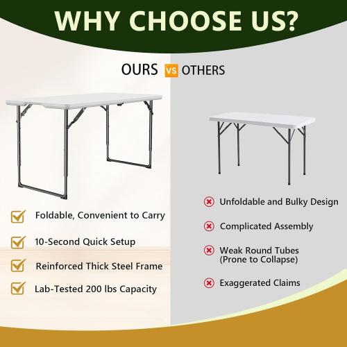 Folding Table, 4FT Foldable Picnic Table with Adjustable Height, Heavy Duty Fold-in-Half Portable Table for Weddings, Camping, RV Travel, Parties, BBQs, and Indoor Use, Easy to Fold and Store