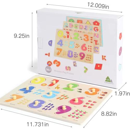 GRINNNIE Wooden Montessori Toddler Puzzles for 3 4 5 Years Old, 3 Pcs (Number, Letter, Shape) Kids Preschool Educational Peg Puzzle Set