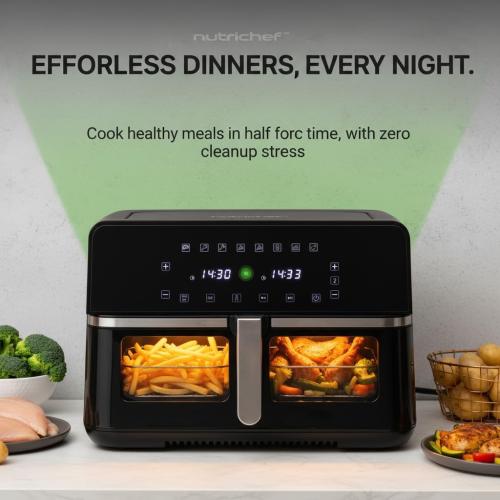 NutriChef Double Basket Air Fryer 8.8 QT | Family Size Oil Free Digital Cooker with Transparent Window | 9-1 Preset Cooking Options | 360° Hot Air Circulation Technology | 4.4 QTs per Basket | Black