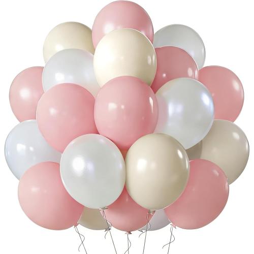 Pink and White Balloons, 12 Inch 60 Pcs Pearl Dusty Blush Baby Light Pink Cream Clear Latex Balloons for Girls Women Boho Bachelorette Wedding Princess Baby Shower Birthday Party Decorations