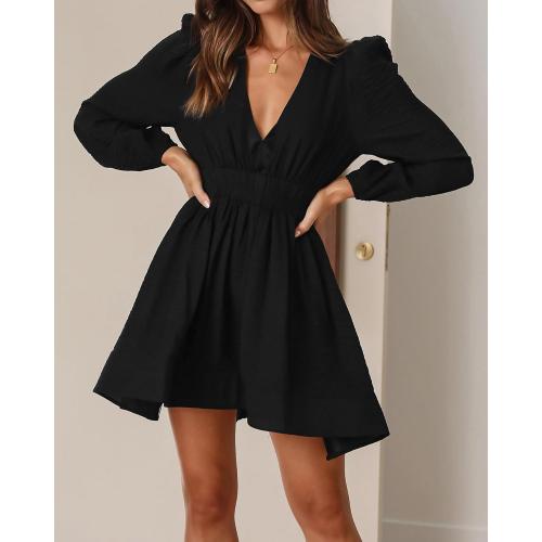 Size/M FAIABLE Mini Deep V Sexy Long Sleeve Dress for Women A-line High Waisted Casual Flowy Dress for Cocktail Wedding Guest