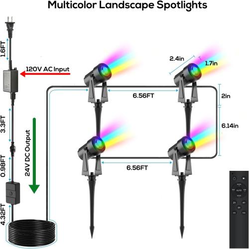 SUNTHIN Outdoor Landscape Lighting with Remote, RGBW Color Changing Spot Uplights,4 Pack