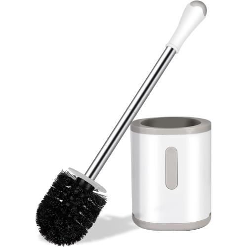 Compact Toilet Brush & Holder, Stainless Steel Handle, Space Saving for Storage, Deep Cleaning, Drip-Proof, Easy to Assemble, Nylon Bristles, White & Grey