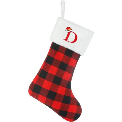 Senneny Christmas Stockings with Initials, 20 Inch Large Red Black Buffalo Plaid Monogram Xmas Stockings with White Plush Faux Fur Cuff, Christmas Decorations for Family Holiday Party, Letter D