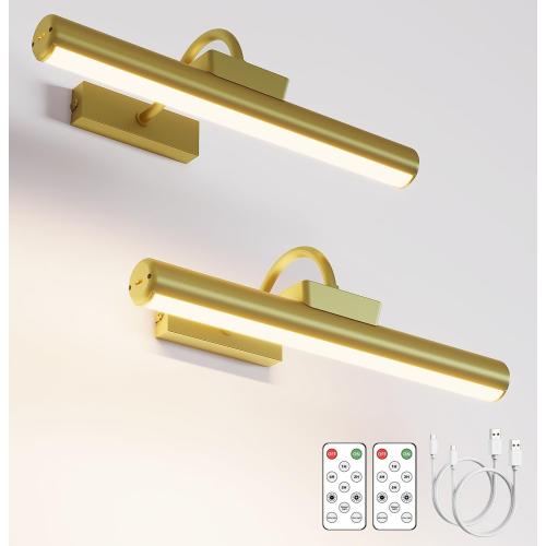 Picture Light Battery Operated, 13in Wireless Art Light for Paintings, Dimmable 5000mAh Recharging Battery Picture Light with Remote Control for Wall, Gallery Dartboard Art Bedroom (Gold-2Pack)