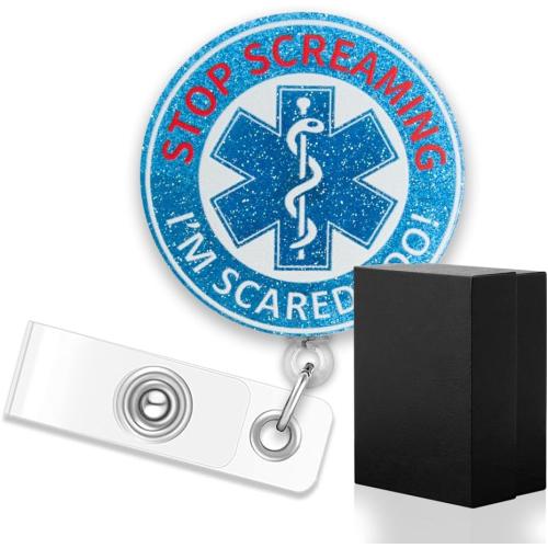 ERHACHAIJIA Stop Screaming I'm Scared Too Retractable Blue Glitter Badge Reel with Clip, Funny EMS ID Badge Holder Gift for Nurses Medical EMT Rn Paramedic First Responder Paramedic Medic Emergency