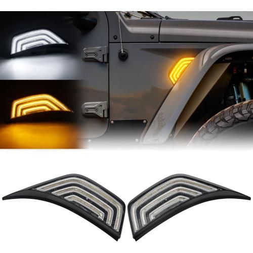 Front Fender Air Vent Led Turn Signal Side Marker Lights Compatible with Wrangler JL JLU 2018-2024 & For Gladiator JT 2020-2023 White DRL & Amber Yellow Dynmaic Sequential Blink(Clear Lens)