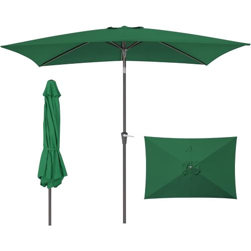 Rectangular Patio Umbrella, 6.5 x 10 ft Rectangle Table Umbrellas w/Heavy Duty Ribs, Effortless Crank and Push Button Tilt, Wind Resistant Sun Umbrella for Outdoor Patio, Dark Green