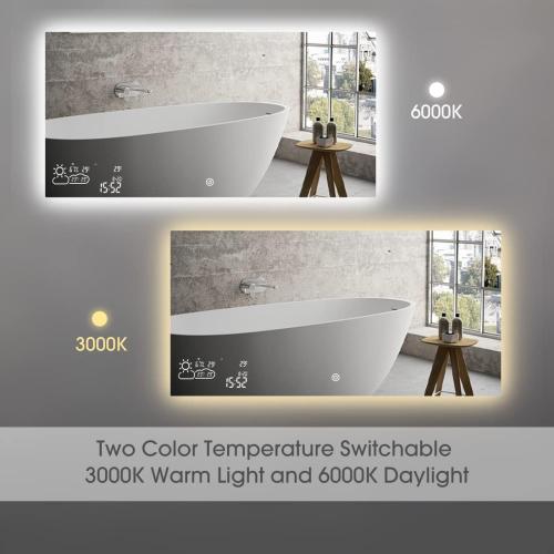 BYECOLD 48”x24” Smart Bathroom Mirror Wi-Fi Enabled Weather Display, Anti-Fog LED Light Vanity Mirror Backlit Frameless Lighted Touch Sensor Makeup for Wall - Horizontally Hang Only