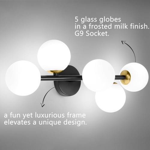 Mid Century Modern Bathroom Vanity Lights, 5-Light Bathroom Light Fixtures Black and Gold Bathroom Lights Semi-Flush Mount Ceiling Light, Wall Sconces Wall Light with Globe Frosted Milk Glass, G9 Base