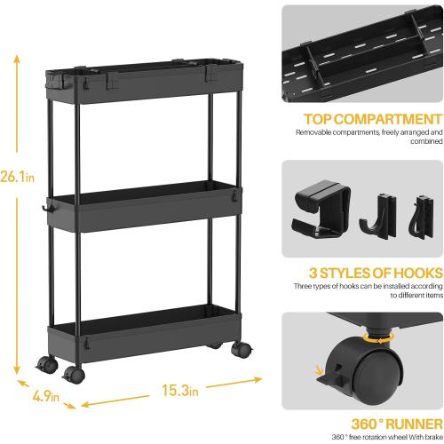 SPACELEAD Slim Storage Cart 3 Tier,Bathroom Organizer Rolling Utility,Mobile Shelving Unit Slide Out for Office, Kitchen, Laundry Room & Narrow Places,Black***