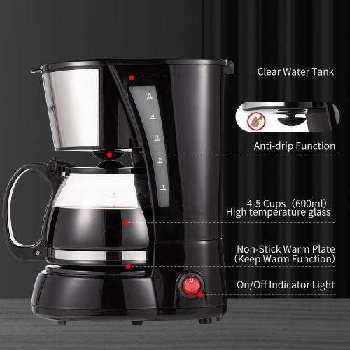 4-5 Cups Drip Coffee Maker, Coffee Pot Machine Permanent Coffee Filter, Mini,20Oz Electric Coffee Maker,650W Black and Stainless Steel