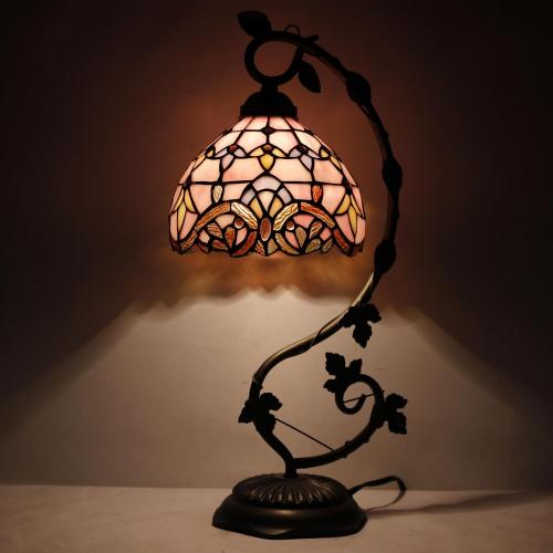 WERFACTORY Tiffany Table Lamp Pink Stained Glass Baroque Style Reading Desk Light, Metal Leaf Base 8X10X21 Inches Decor Small Space Bedside Bedroom Home Office S003P Series