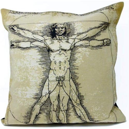 MUSART Decorative Square Throw Pillow Case Cushion Cover Jacquard Weave Fabric Premium Cushions for Sofa or Bedroom 18 x 18 Inches Leonardo Davinci Vitruvian Man Made in France