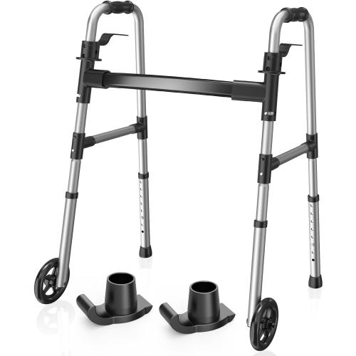 Folding Walker with 2 Skis and 5 Wheels, Lightweight Walkers for Seniors and Adults, Supports Up to 350 Pounds, Adjustable Height, Compact Standard Walker, Black