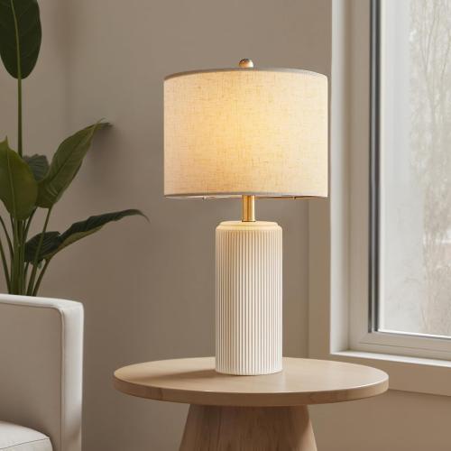 Ceramic Table Lamp Set of 2, 23 Inch 3-Level Dimmable Bedside Lamps with Linen Shade, Farmhouse Nightstand Lamps for Bedroom Living Room, Rustic White Desk Lamp, LED Bulb Included