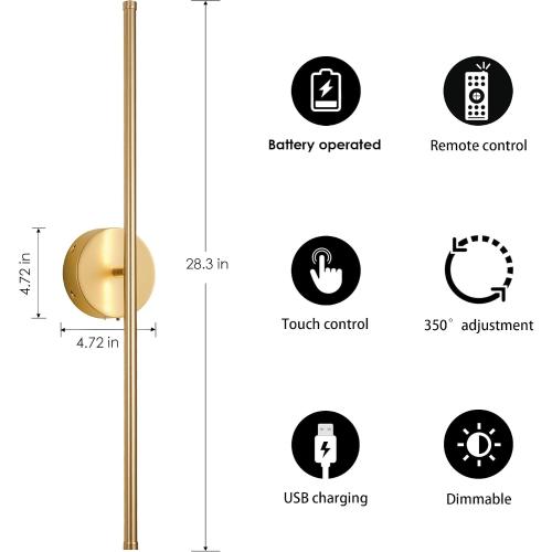Battery Operated Wall Sconces with Remote Control, Dimmable Wall Sconces Set of Two, 350°Rotate, 3000K LED Gold Wireless Wall Light for Living Room, Bedroom, Hallway, 28.3 Inch (2 Pack)