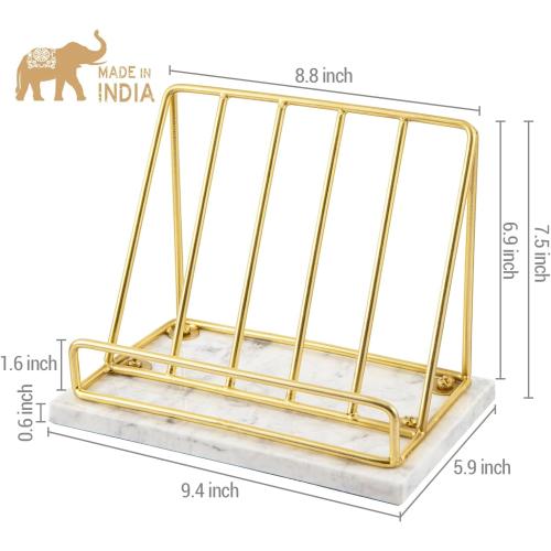 MyGift Modern Brass Metal Wire and White Marble Kitchen Cookbook Stand - Countertop Recipe Book and Tablet Holder - Handcrafted in India