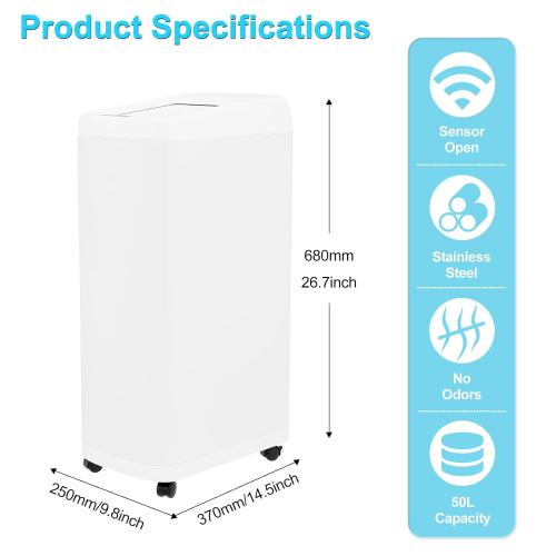 50 Liter / 13.2 Gallon Motion Sensor Trash Can with Roll Lid & Wheels - Automatic Touchless Trashcans for Kitchens, Bedroom, Office Trash Bin (White)
