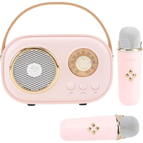 Mini Karaoke Machine for Kids,Portable Bluetooth Speaker with 2 Wireless Microphone,Toys for Girls Boys Gifts,Retro Speaker Set Stereo Sound Enhanced Bass for Home Party Birthday (Pink)