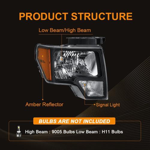Headlight Assembly, Headlights Kit Compatible with 2009-2014 Ford F150 Replacement Headlamp Black Housing Amber Reflector