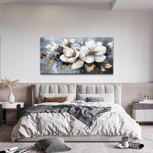 KELIYUAN Large Canvas Wall Art For Bedroom Wall Decor For Living Room Office Decorations Abstract White Flowers Paintings Pictures Artwork Modern Framed Posters Home Decor Ready To Hang 24x48