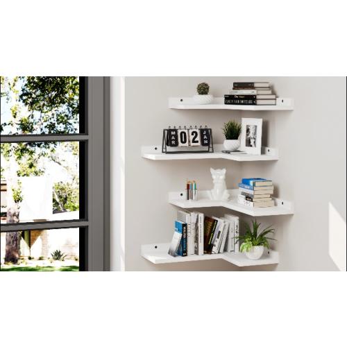 4-Tier Corner Floating Shelves, Rustic Pine L-Shaped Shelves for Creative Wall Storage in Bedroom, Bathroom & Any Room - White
