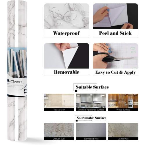 LaCheery Large Size 160 x 36 Inch Grey White Marble Contact Paper for Countertops Waterproof Wallpaper Stick and Peel Marble Countertop Contact Paper for Kitchen Island Worktop Table Desk Decorative