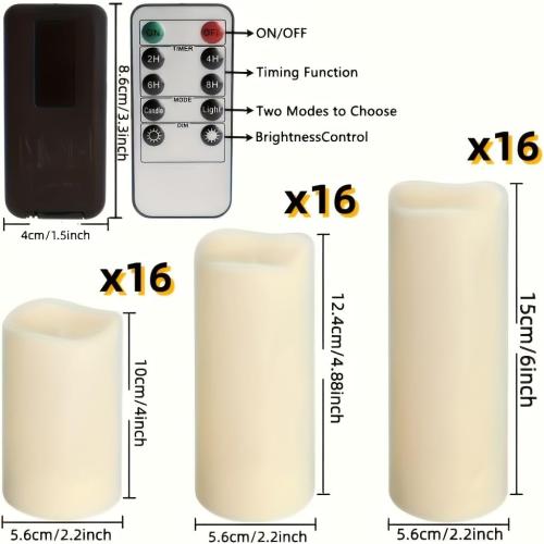Set of 48 Pack Flameless Candles with Remote & 24H Timer - Waterproof Battery Operated Decorative Candles,3 Sizes(4 5 6 inch) for Home Decor, Wedding, Christmas, Party (Warm White)