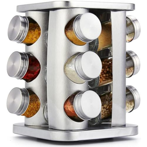 Rotating Spice Rack Organizer with 12 Jars - Revolving Standing Seasoning Tower with 12 Glass Bottles for Countertop Kitchen Cabinet, Stainless Steel, Silver