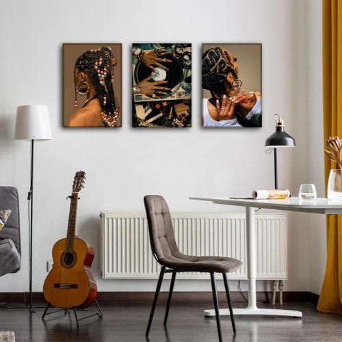 Size 12x16 3Pcs Framed Black Woman Canvas Wall art African American Woman Fashion Hairstyle Wall Decor Picture Black Girl Record Posters prints for Living Room Bedroom Bathroom Home Decoration 12x16in