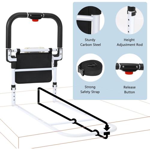 WHITE Bed Rails for Elderly Adults Safety with Foldable Non-Slip Handle, Adjustable Bed Assist Rails for Seniors, Handicap, Disable, Bed Assist Handle with Motion Light, Storage Pocket, White/Black