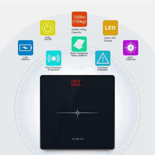 NUTRI FIT Digital Scale for Body Weight, Precision Bathroom Weighing Scale Step-On Technology High Capacity - 330 lb, LED Display with High Precision Measurements, Black
