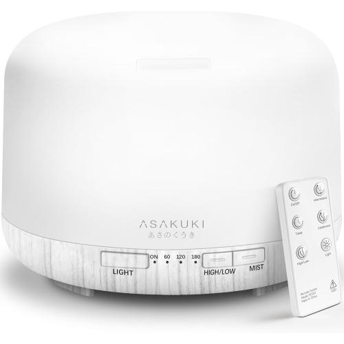 ASAKUKI Essential Oil Diffuser for Home, 500ML Aromatherapy Diffuser Humidifier with Remote Control, 7 Color LED Lights, Quiet Cool Mist Diffuser for Bedroom, Living Room, Office (White)